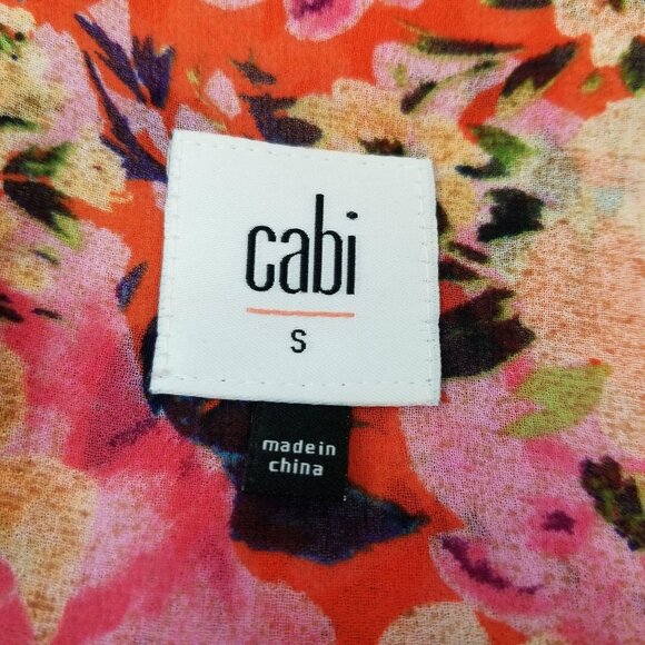 Cabi S Orange Floral LUSH Top Cold Shoulder Chiffon Sheer 5352 V Neck - Picture 4 of 8